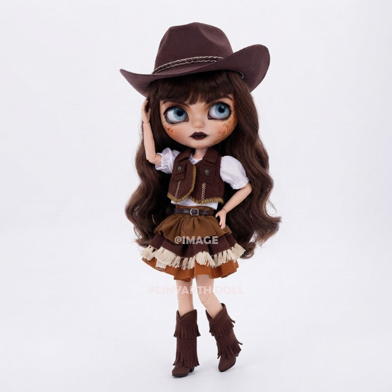 Western Cowgirl Fringe Dress Set for 30cm Dolls, Vintage Rodeo Outfit with Cowboy Hat & Chaps, Brown 1/6 Scale