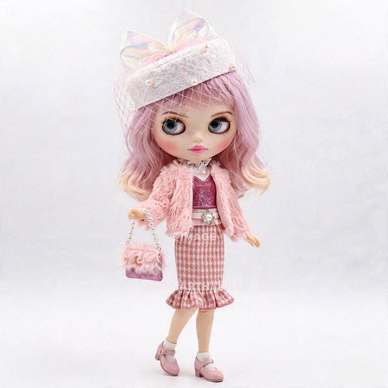 Pink Preppy Tweed Outfit for 1/6 Scale Dolls, Vintage Beret & Faux Fur Jacket, Elegant Kawaii Set for 30cm Dolls