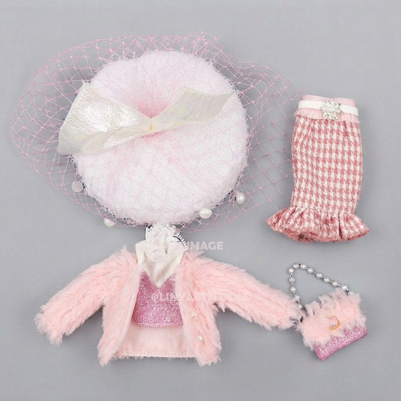 Pink Preppy Tweed Outfit for 1/6 Scale Dolls, Vintage Beret & Faux Fur Jacket, Elegant Kawaii Set for 30cm Dolls