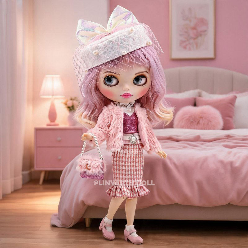 Pink Preppy Tweed Outfit for 1/6 Scale Dolls, Vintage Beret & Faux Fur Jacket, Elegant Kawaii Set for 30cm Dolls