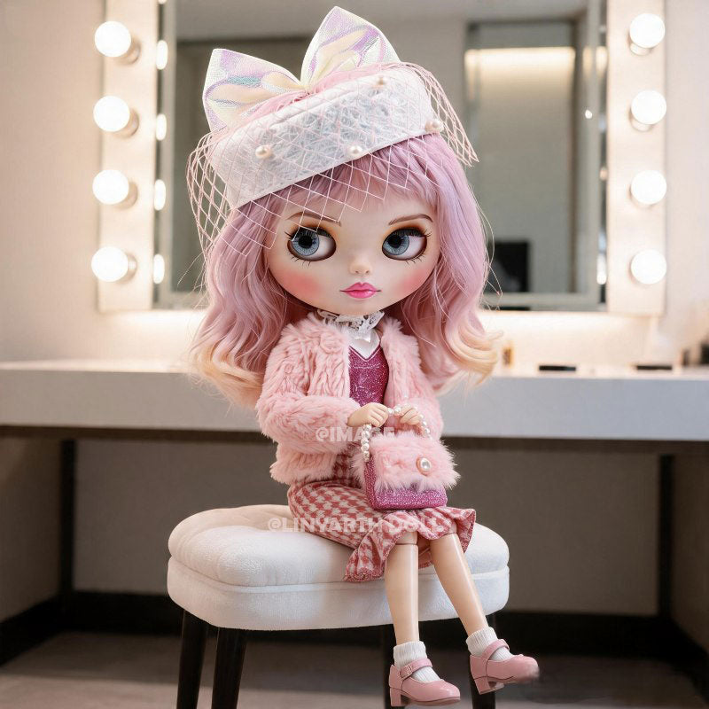Pink Preppy Tweed Outfit for 1/6 Scale Dolls, Vintage Beret & Faux Fur Jacket, Elegant Kawaii Set for 30cm Dolls
