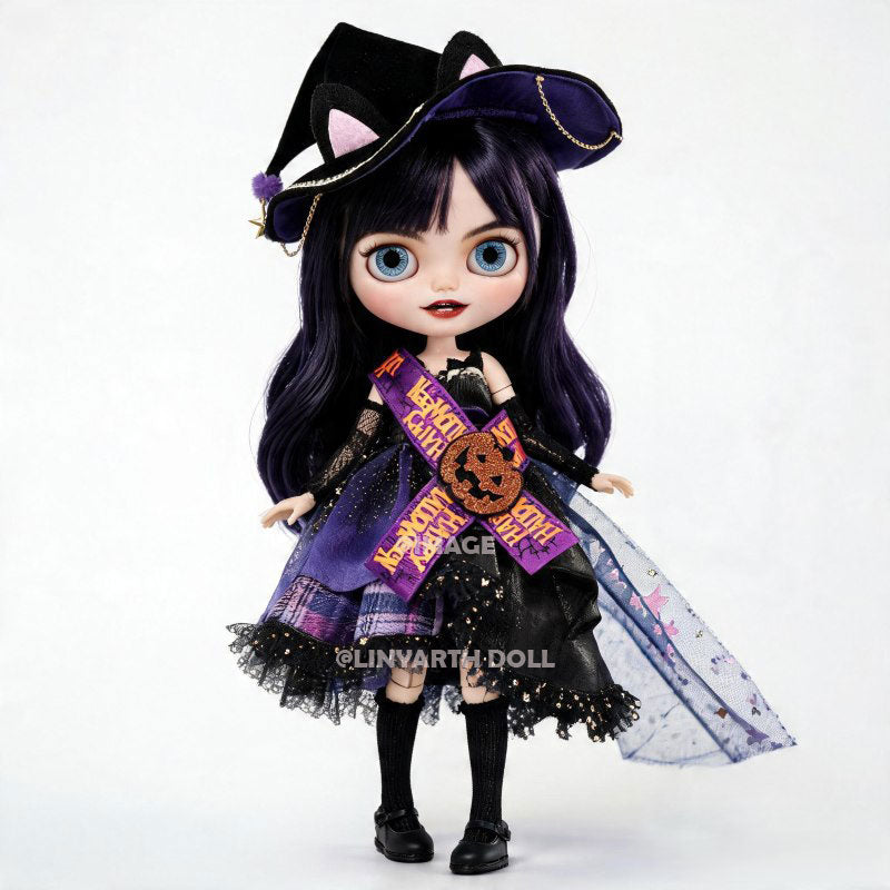 Halloween Witch Costume for 1/6 Scale Dolls, Purple Trick-or-Treat Dress with Cat Ear Hat & Sash, 5pcs Spooky Outfit for 30cm Dolls