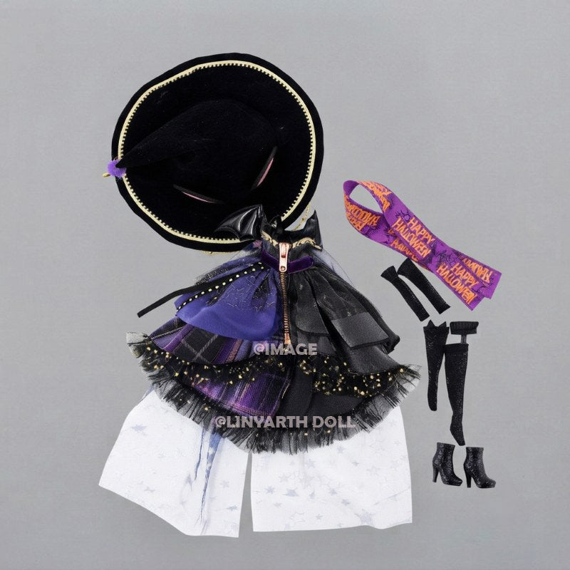 Halloween Witch Costume for 1/6 Scale Dolls, Purple Trick-or-Treat Dress with Cat Ear Hat & Sash, 5pcs Spooky Outfit for 30cm Dolls