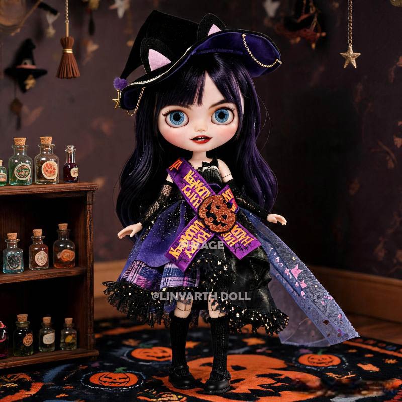 Halloween Witch Costume for 1/6 Scale Dolls, Purple Trick-or-Treat Dress with Cat Ear Hat & Sash, 5pcs Spooky Outfit for 30cm Dolls