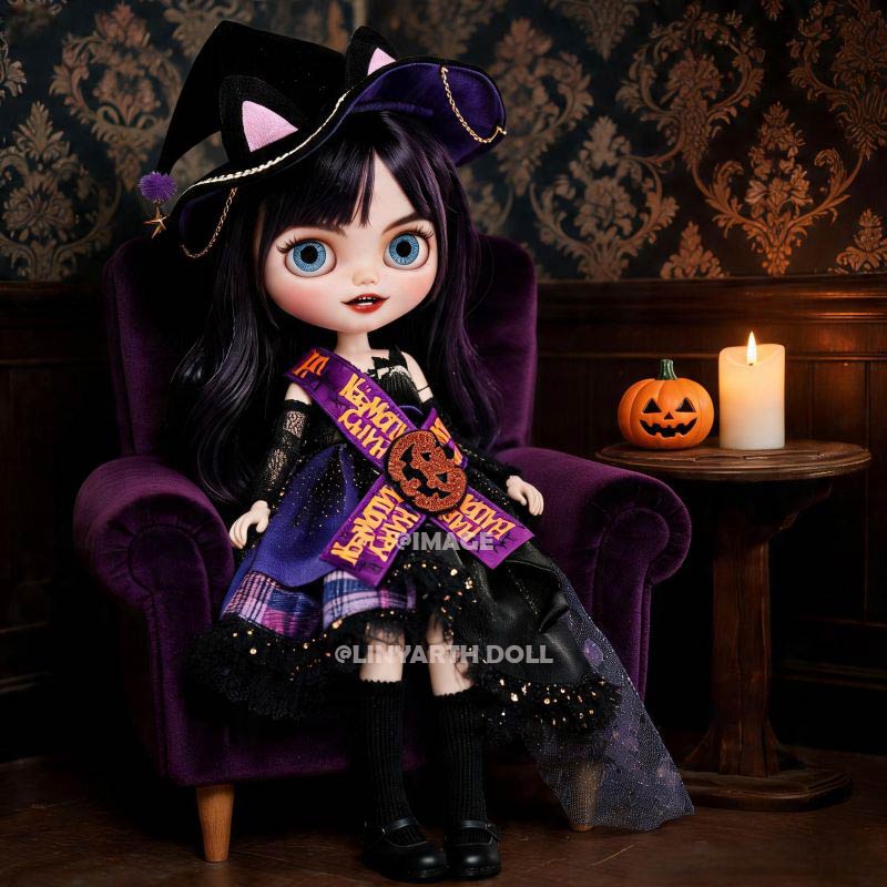 Halloween Witch Costume for 1/6 Scale Dolls, Purple Trick-or-Treat Dress with Cat Ear Hat & Sash, 5pcs Spooky Outfit for 30cm Dolls