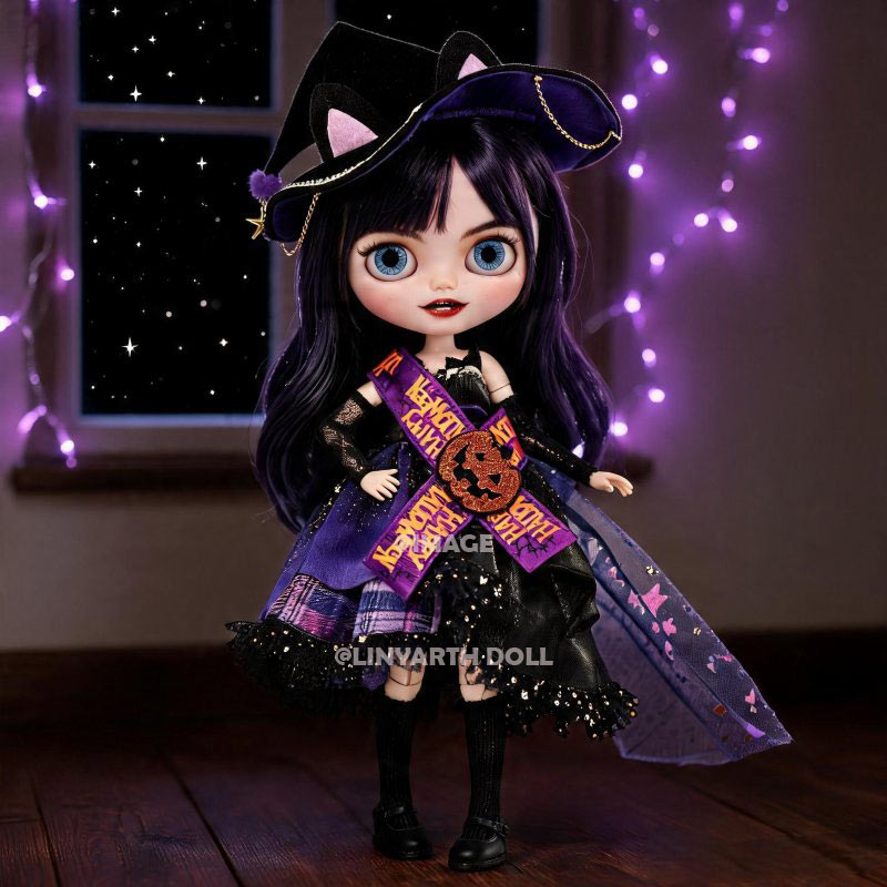 Halloween Witch Costume for 1/6 Scale Dolls, Purple Trick-or-Treat Dress with Cat Ear Hat & Sash, 5pcs Spooky Outfit for 30cm Dolls