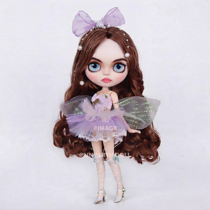 Iridescent Fairy Outfit for 30cm Dolls, Lavender Tulle Dress with Wings, Pearls & Stockings for 1/6 Scale Blythe