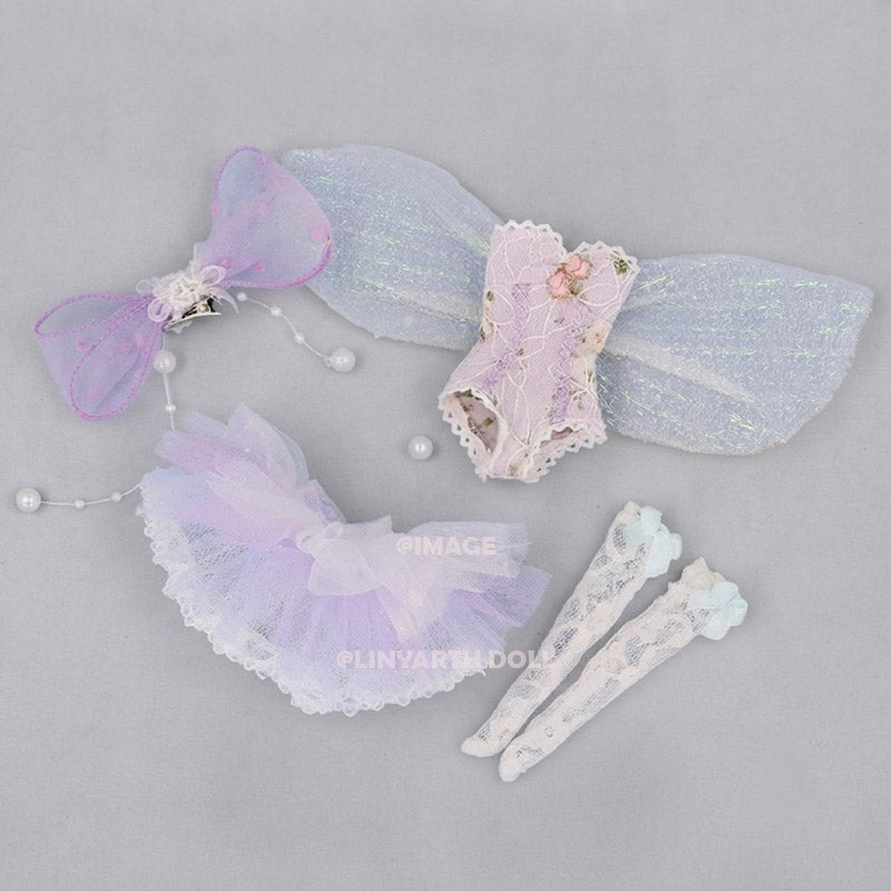Iridescent Fairy Outfit for 30cm Dolls, Lavender Tulle Dress with Wings, Pearls & Stockings for 1/6 Scale Blythe