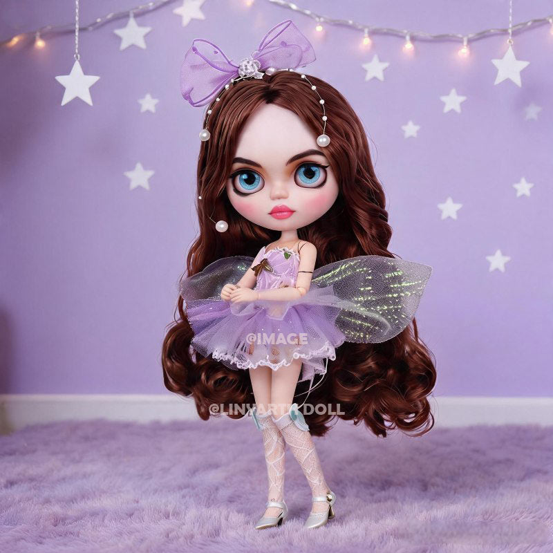 Iridescent Fairy Outfit for 30cm Dolls, Lavender Tulle Dress with Wings, Pearls & Stockings for 1/6 Scale Blythe