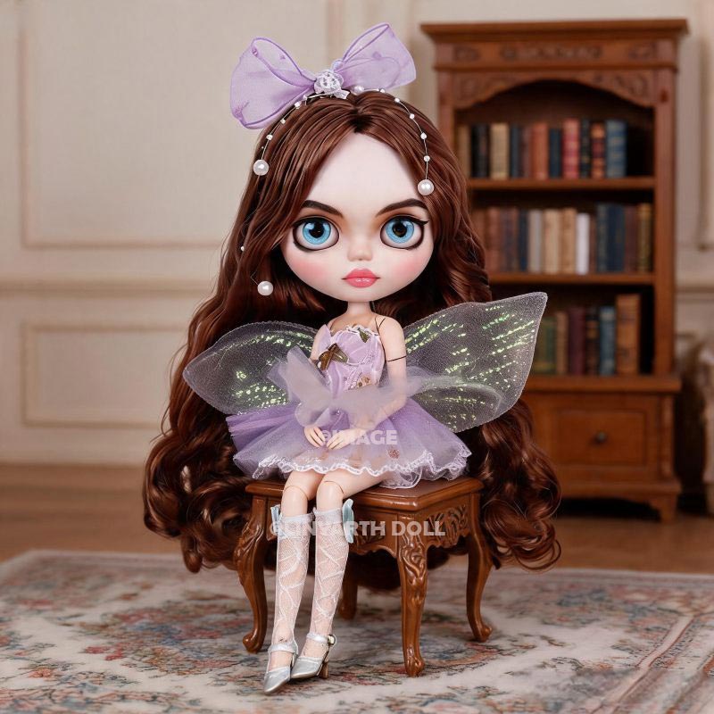Iridescent Fairy Outfit for 30cm Dolls, Lavender Tulle Dress with Wings, Pearls & Stockings for 1/6 Scale Blythe