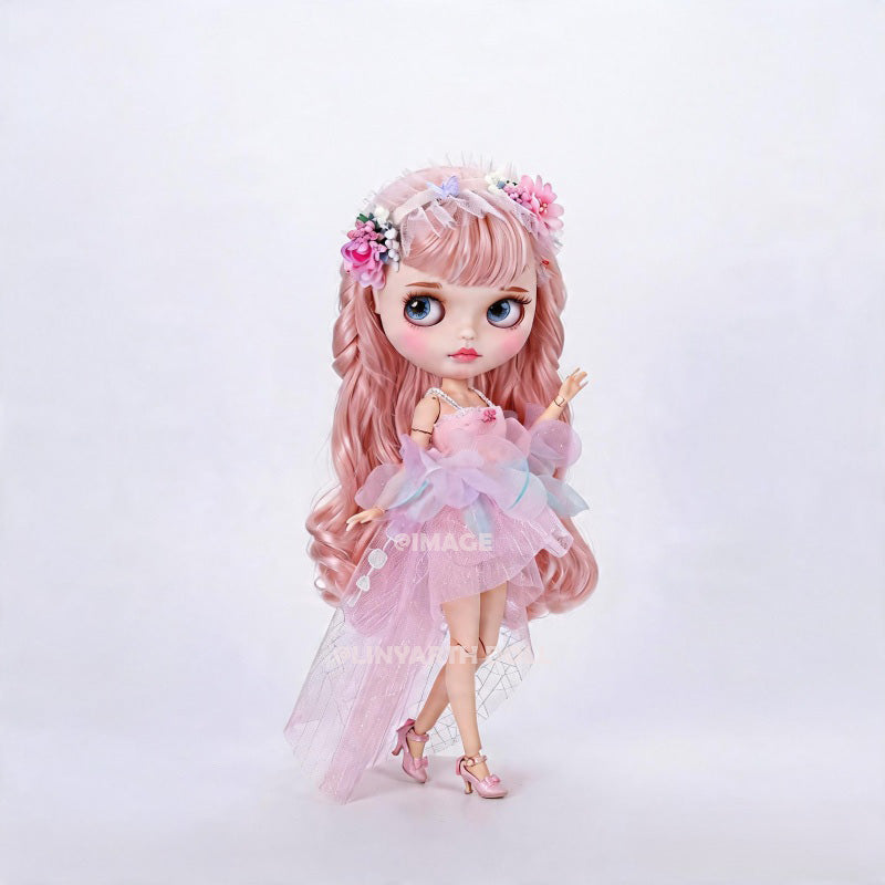 Floral Dream Dress for 30cm Dolls, Pink Tulle Flower Girl Outfit, Flutter Sleeves & Corsage for 1/6 Scale Dolls