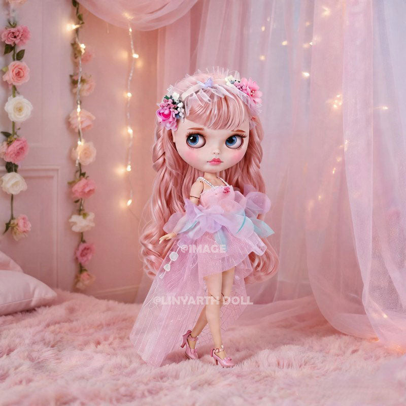 Floral Dream Dress for 30cm Dolls, Pink Tulle Flower Girl Outfit, Flutter Sleeves & Corsage for 1/6 Scale Dolls
