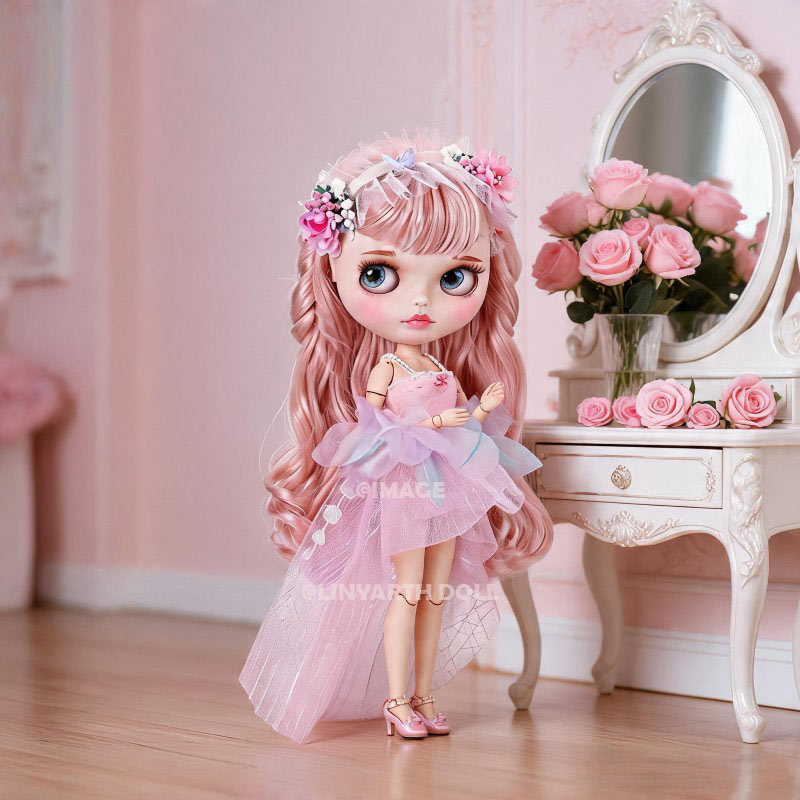 Floral Dream Dress for 30cm Dolls, Pink Tulle Flower Girl Outfit, Flutter Sleeves & Corsage for 1/6 Scale Dolls