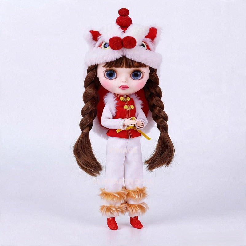 Chinese New Year Lion Dance Outfit for 30cm Dolls | Red Velvet Vest & Plush Foo Dog Hat Set | 1/6 Scale Collectible