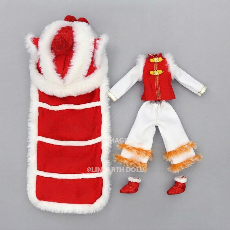 Chinese New Year Lion Dance Outfit for 30cm Dolls | Red Velvet Vest & Plush Foo Dog Hat Set | 1/6 Scale Collectible
