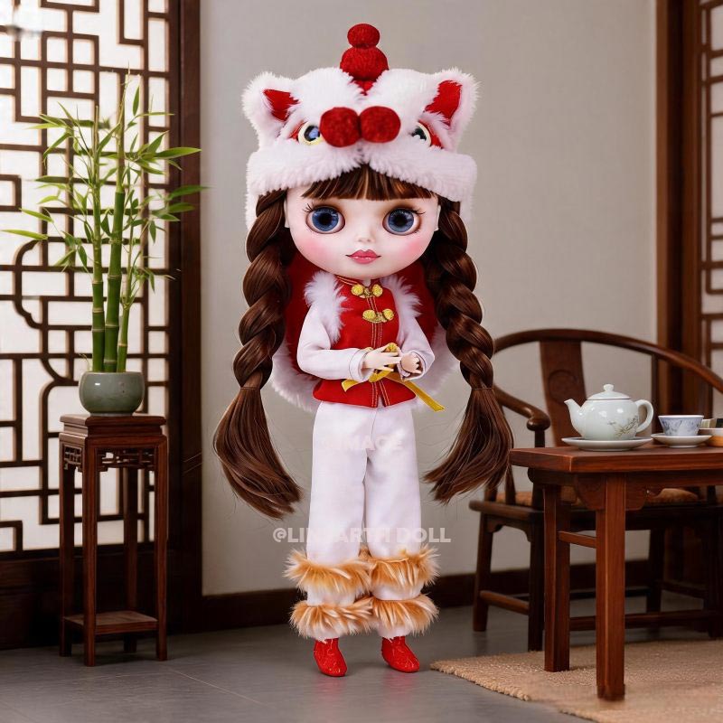Chinese New Year Lion Dance Outfit for 30cm Dolls | Red Velvet Vest & Plush Foo Dog Hat Set | 1/6 Scale Collectible