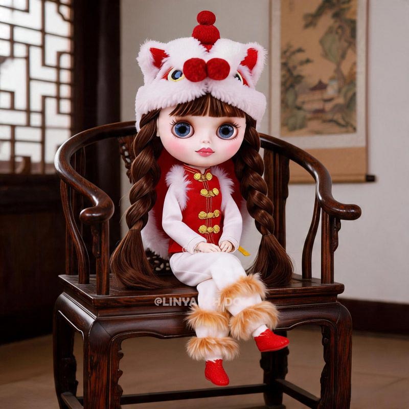 Chinese New Year Lion Dance Outfit for 30cm Dolls | Red Velvet Vest & Plush Foo Dog Hat Set | 1/6 Scale Collectible