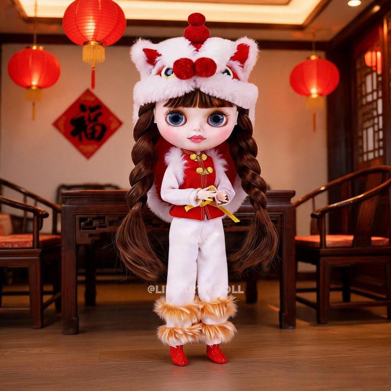 Chinese New Year Lion Dance Outfit for 30cm Dolls | Red Velvet Vest & Plush Foo Dog Hat Set | 1/6 Scale Collectible