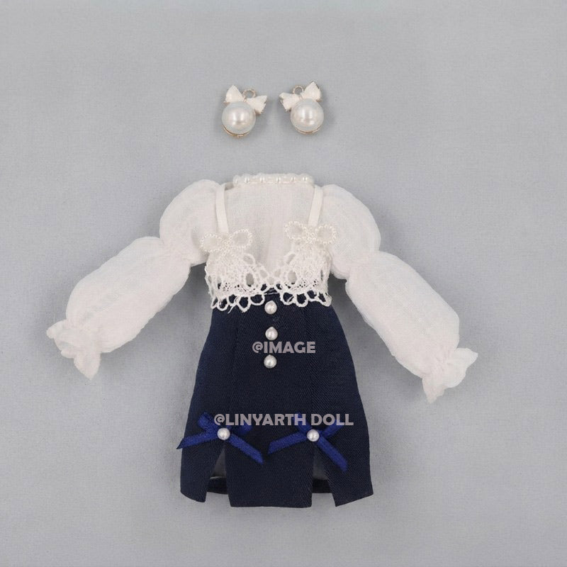 Sailor Style Nautical Dress for 30cm Dolls, Off-Shoulder Puff Sleeve with Pearl Details, 1/6 Scale Princess Outfit