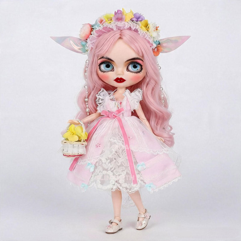 Spring Fairy Ensemble for 30cm Dolls, Pink Floral Lace Dress & Flower Crown Set, Elf Ears, 1/6 Scale Collectible Outfit
