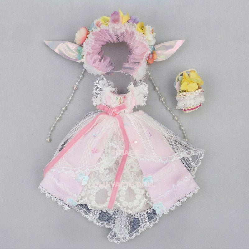 Spring Fairy Ensemble for 30cm Dolls, Pink Floral Lace Dress & Flower Crown Set, Elf Ears, 1/6 Scale Collectible Outfit