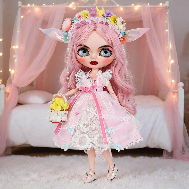 Spring Fairy Ensemble for 30cm Dolls, Pink Floral Lace Dress & Flower Crown Set, Elf Ears, 1/6 Scale Collectible Outfit