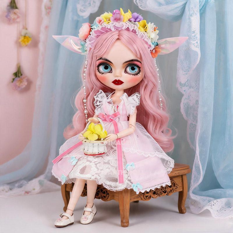 Spring Fairy Ensemble for 30cm Dolls, Pink Floral Lace Dress & Flower Crown Set, Elf Ears, 1/6 Scale Collectible Outfit