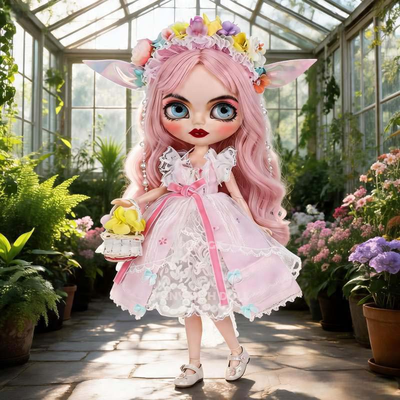 Spring Fairy Ensemble for 30cm Dolls, Pink Floral Lace Dress & Flower Crown Set, Elf Ears, 1/6 Scale Collectible Outfit