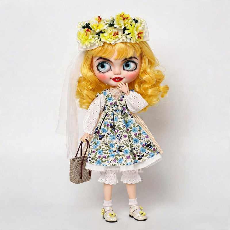 Boho Chic Outfit for 1/6 Scale Dolls, Floral Print Dress with Knitted Bolero, Rustic Picnic Clothing Set for 30cm Dolls