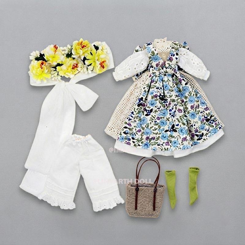 Boho Chic Outfit for 1/6 Scale Dolls, Floral Print Dress with Knitted Bolero, Rustic Picnic Clothing Set for 30cm Dolls