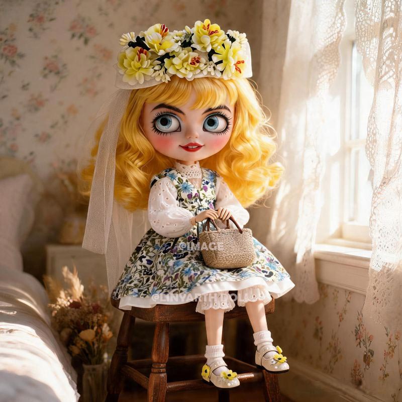 Boho Chic Outfit for 1/6 Scale Dolls, Floral Print Dress with Knitted Bolero, Rustic Picnic Clothing Set for 30cm Dolls