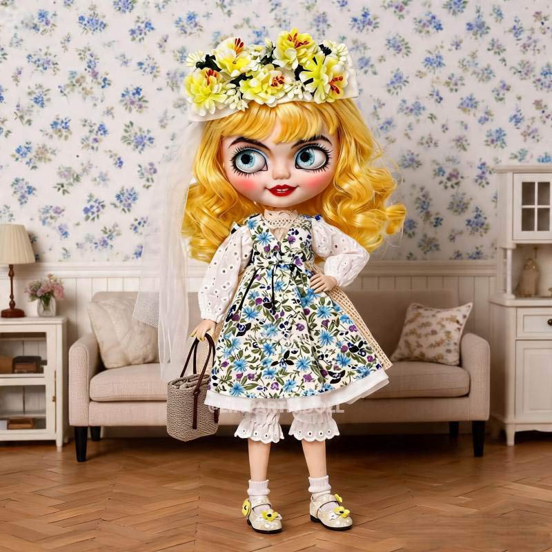Boho Chic Outfit for 1/6 Scale Dolls, Floral Print Dress with Knitted Bolero, Rustic Picnic Clothing Set for 30cm Dolls