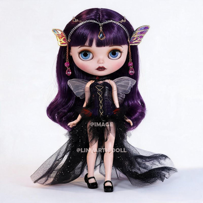 Gothic Fairy Outfit for 1/6 Scale Dolls, Dark Pixie Costume with Wings & Butterfly Headband, Black Tulle Dress Set for 30cm Dolls