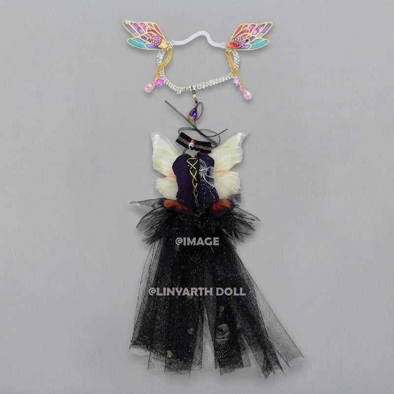 Gothic Fairy Outfit for 1/6 Scale Dolls, Dark Pixie Costume with Wings & Butterfly Headband, Black Tulle Dress Set for 30cm Dolls