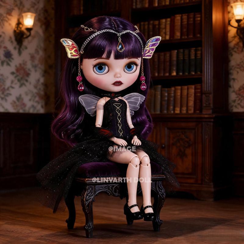Gothic Fairy Outfit for 1/6 Scale Dolls, Dark Pixie Costume with Wings & Butterfly Headband, Black Tulle Dress Set for 30cm Dolls