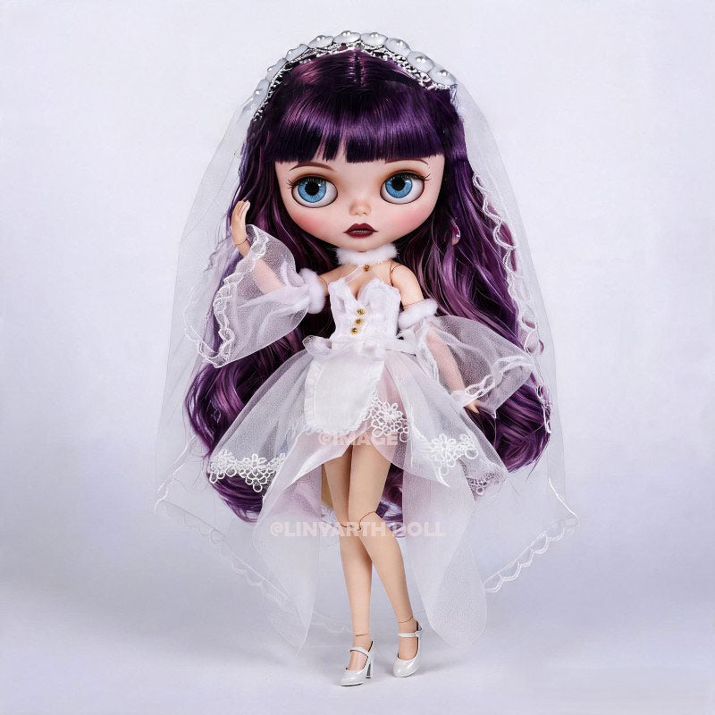 White Wedding Dress for 1/6 Scale Dolls, Lolita Bridal Gown with Tulle Veil & Sleeves, Miniature Princess Outfit for 30cm Dolls