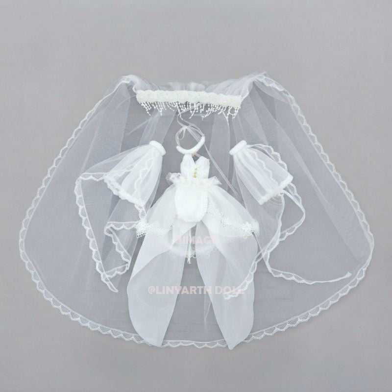 White Wedding Dress for 1/6 Scale Dolls, Lolita Bridal Gown with Tulle Veil & Sleeves, Miniature Princess Outfit for 30cm Dolls