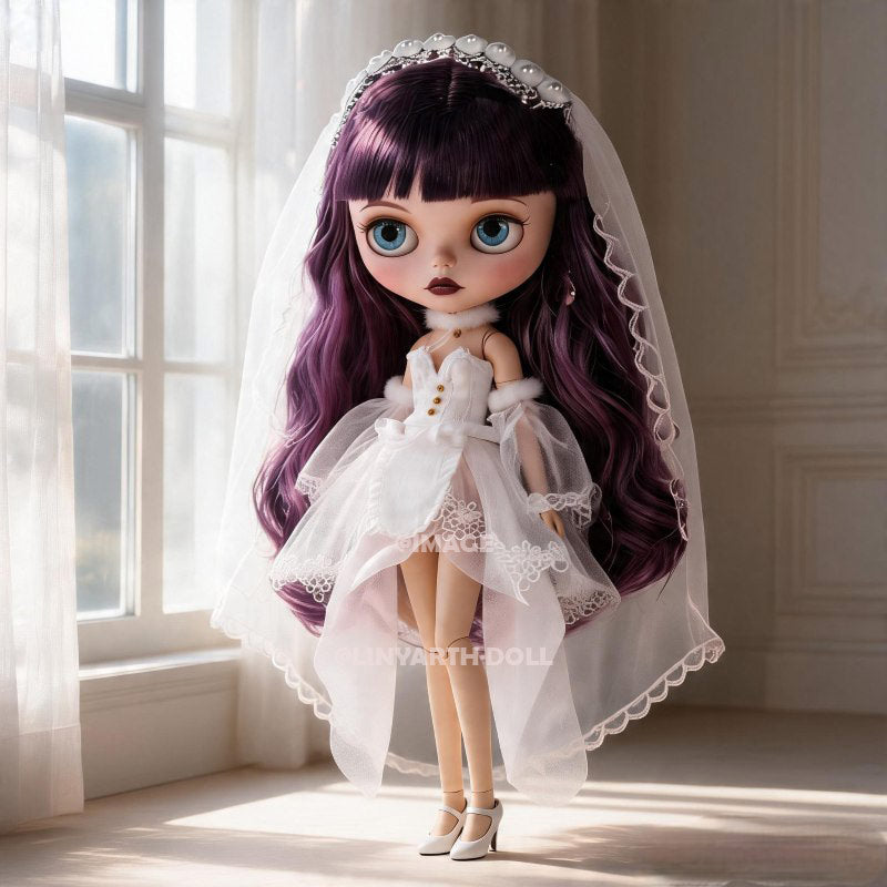 White Wedding Dress for 1/6 Scale Dolls, Lolita Bridal Gown with Tulle Veil & Sleeves, Miniature Princess Outfit for 30cm Dolls