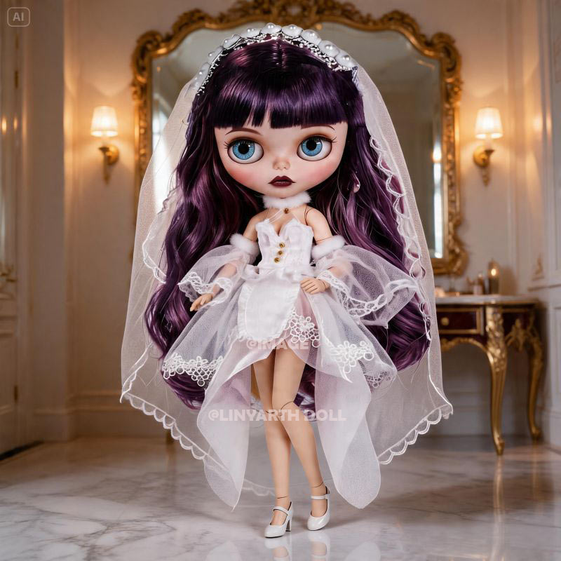 White Wedding Dress for 1/6 Scale Dolls, Lolita Bridal Gown with Tulle Veil & Sleeves, Miniature Princess Outfit for 30cm Dolls