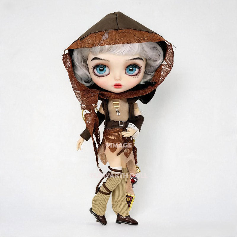 Steampunk Outdoor Costume for 1/6 Scale Dolls, Brown Wasteland Grunge Dress & Tattered Hood Set for 30cm Dolls