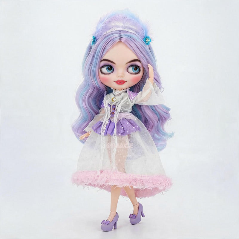 Pastel Ice Cream Outfit for 1/6 Scale Dolls, Kawaii Tulle Dress with Fur Ball Hem, Sparkle Mesh Sleeves & Headband for 30cm Dolls