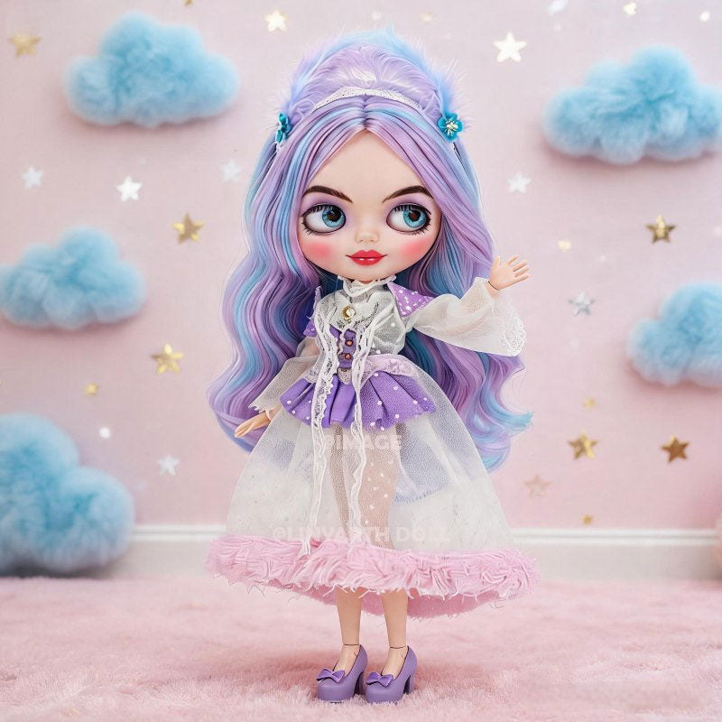 Pastel Ice Cream Outfit for 1/6 Scale Dolls, Kawaii Tulle Dress with Fur Ball Hem, Sparkle Mesh Sleeves & Headband for 30cm Dolls