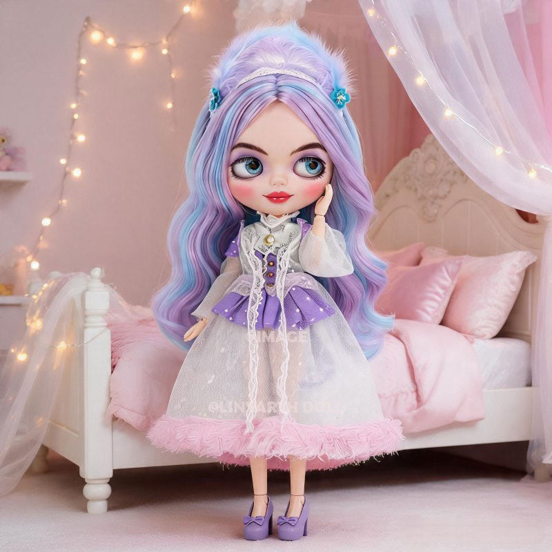 Pastel Ice Cream Outfit for 1/6 Scale Dolls, Kawaii Tulle Dress with Fur Ball Hem, Sparkle Mesh Sleeves & Headband for 30cm Dolls