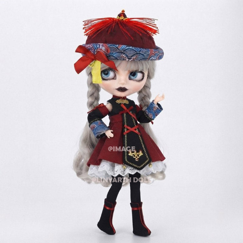 Chinese Jiangshi Costume for 1/6 Scale Dolls, Red Black Lolita Zombie Dress, Halloween Qing Dynasty Hat & Outfit Set for 30cm Dolls