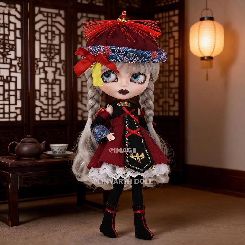 Chinese Jiangshi Costume for 1/6 Scale Dolls, Red Black Lolita Zombie Dress, Halloween Qing Dynasty Hat & Outfit Set for 30cm Dolls