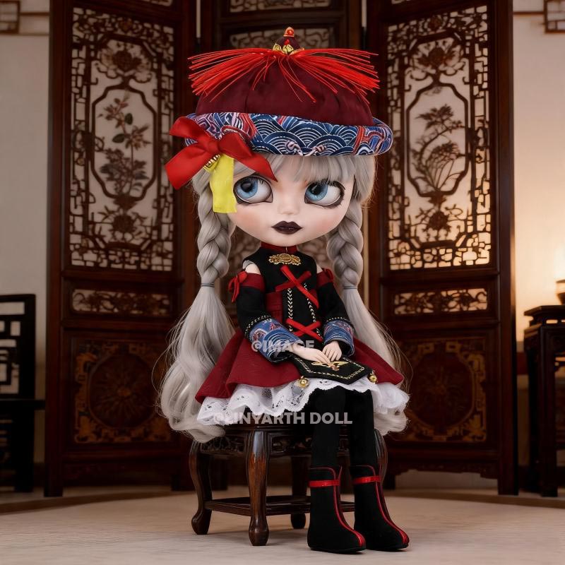 Chinese Jiangshi Costume for 1/6 Scale Dolls, Red Black Lolita Zombie Dress, Halloween Qing Dynasty Hat & Outfit Set for 30cm Dolls