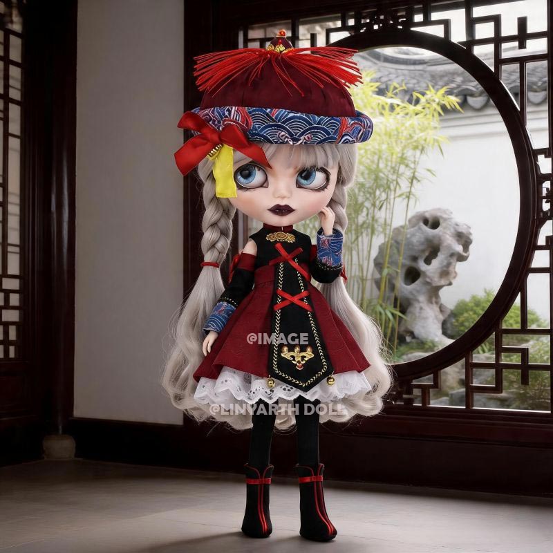 Chinese Jiangshi Costume for 1/6 Scale Dolls, Red Black Lolita Zombie Dress, Halloween Qing Dynasty Hat & Outfit Set for 30cm Dolls