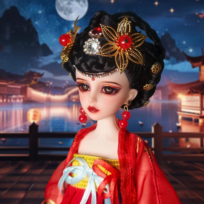 LINYARTH 30cm Chinese ancient style doll with exquisite red Hanfu and detailed golden hair accessories, featuring a beautiful painted face against a scenic night background.