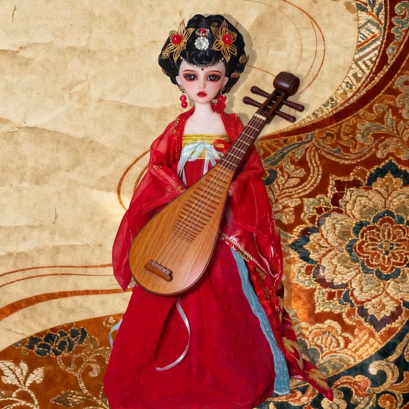 LINYARTH 30cm Chinese ancient style doll wearing red Hanfu, holding a traditional Pipa instrument, adorned with golden hair accessories and red earrings, sitting on an ornate carpet.