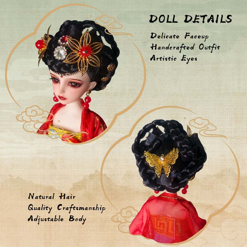 LINYARTH Chinese style doll front and back details view, showcasing delicate faceup, handcrafted red Hanfu outfit, natural hair, and adjustable body craftsmanship.